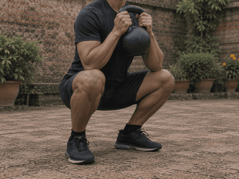 A man at the bottom of a goblet squat, holding a kettlebell by the handle against his chest