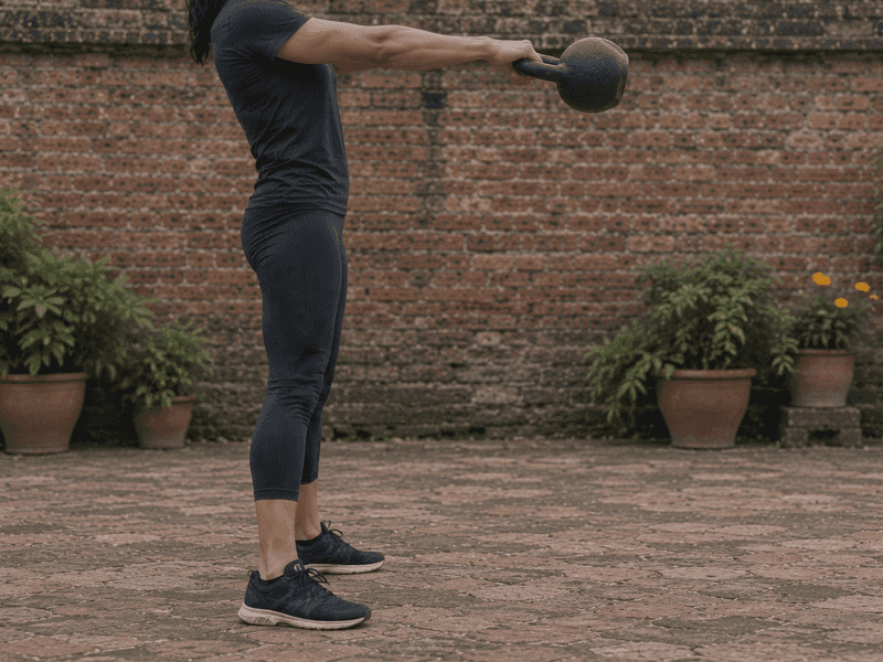 A woman at the top of a kettlebell swing, arms straight out at chest height, in front of a brick wall