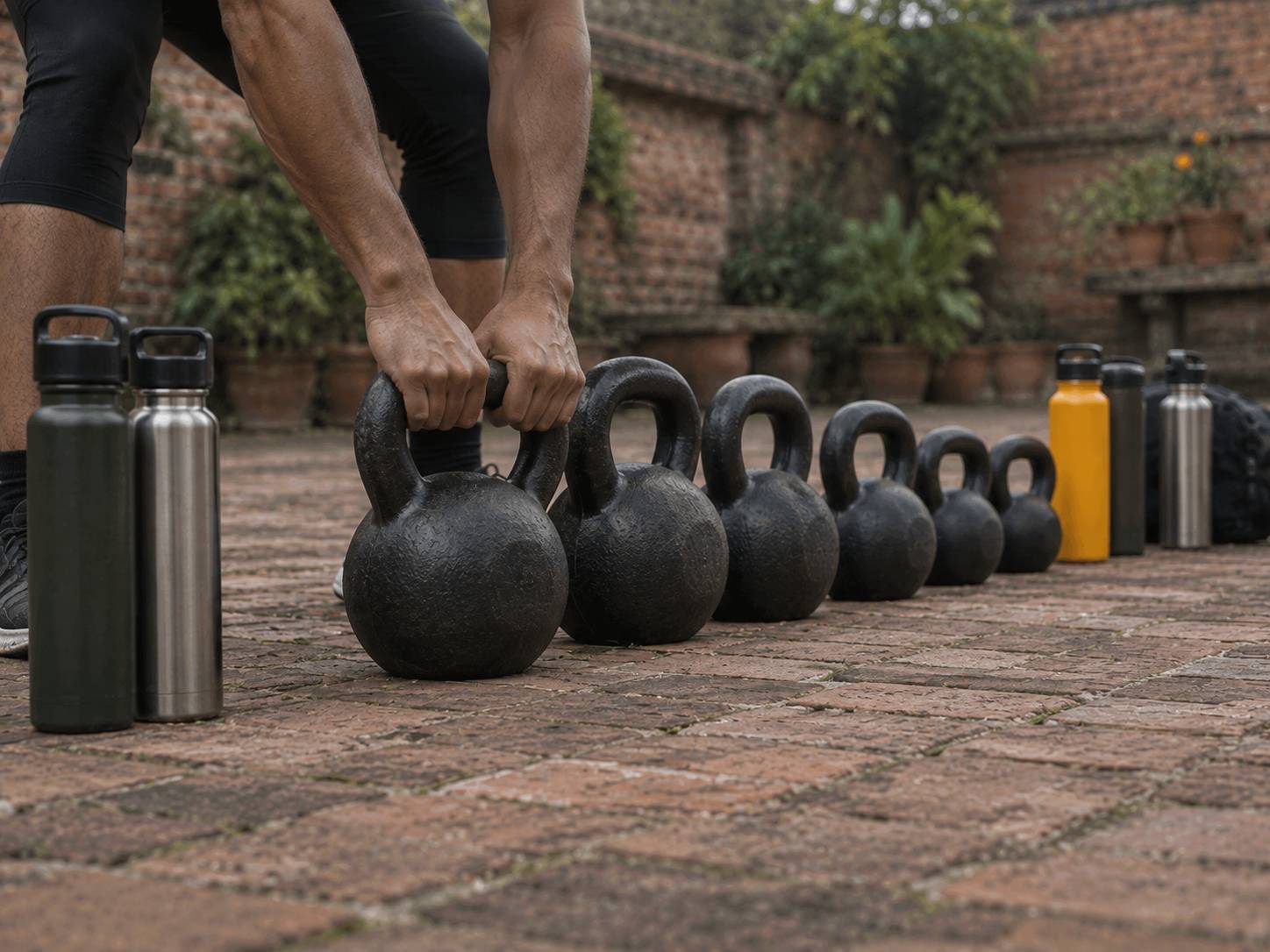 Hands grip the first of a row of kettlebells lined up from heavy to light on a brick courtyard