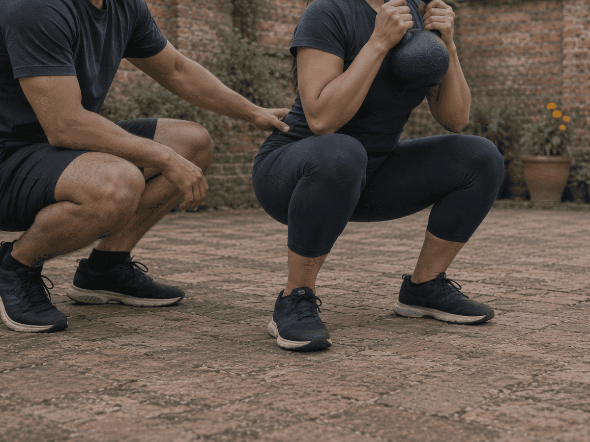 A coach crouches beside a woman in a deep goblet squat, one hand on her lower back, in a brick courtyard